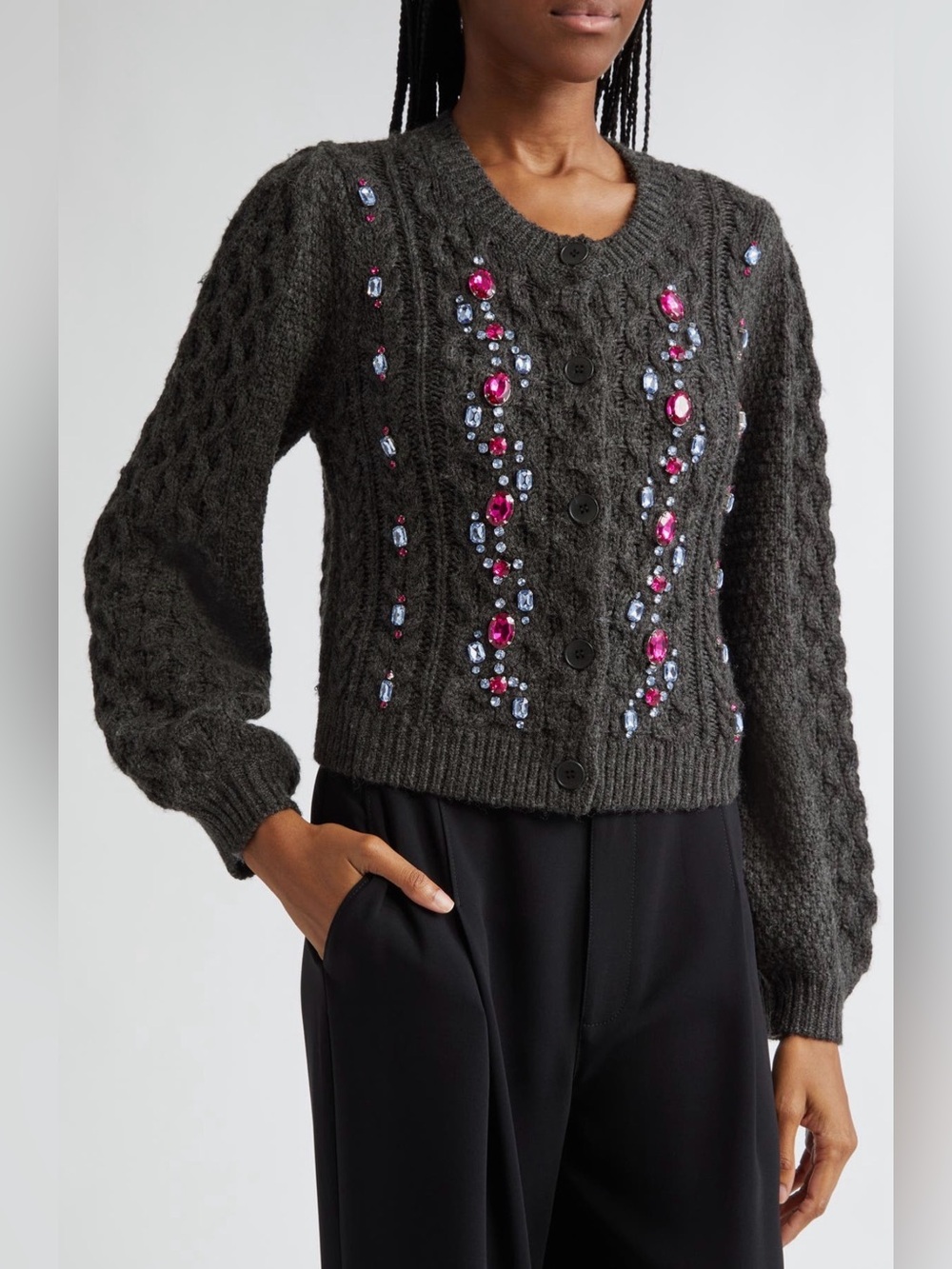 Cinq a Sept Joelle Cardigan XS Crystal Jewel Cable Knit Wool Gray Balloon Sleeve